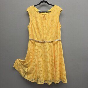 London Style Collection Dress Womens 16W Yellow Lace Fit & Flare Belted Keyhole